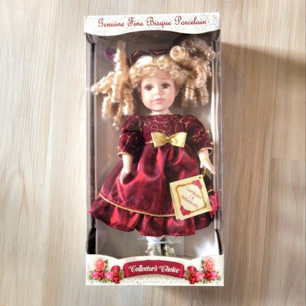 Collectors Choice Porcelain Doll with Burgundy Dress and Gold Bow, Limited Edit.